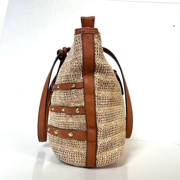 Jessica Simpson Lacey Straw Faux Leather Boho Beachy Tote Bag In Natural - Picture 3 of 14